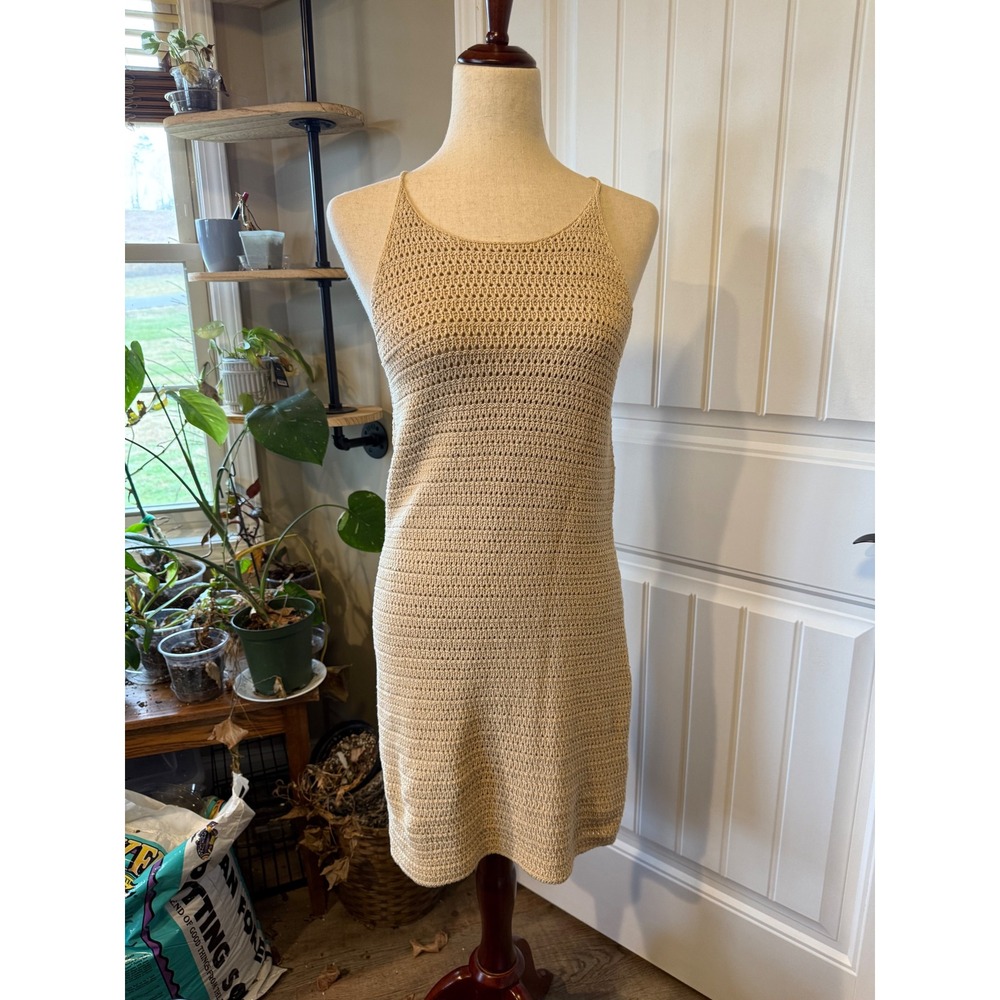 Banana Republic Tan Crochet Knit Halter Dress XS Beach Cover Up Summer